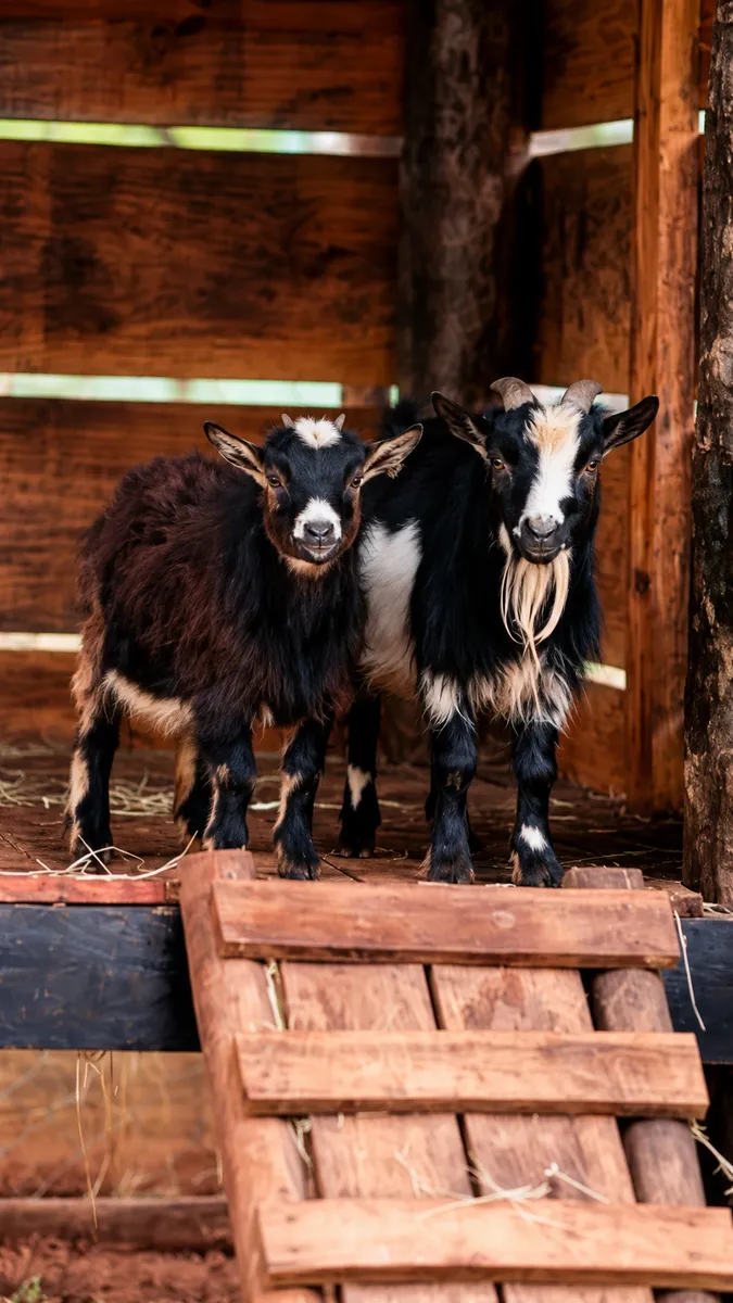 Mini cabras no estábulo de madeira